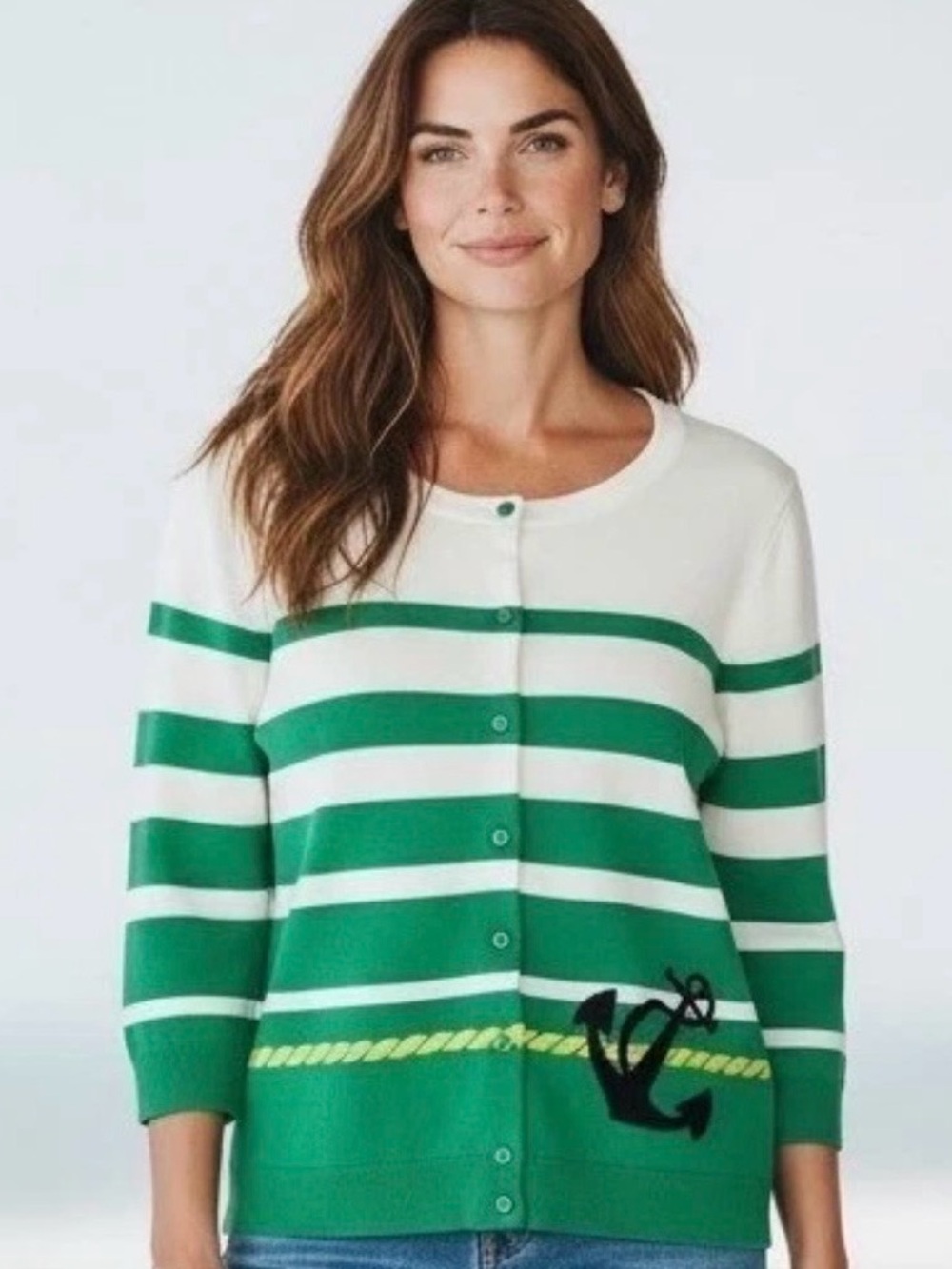 Talbots white and green striped anchor nautical cardigan medium